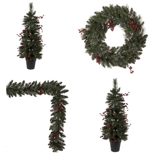 Pre-Lit Artificial Christmas Tree, Wreath &#x26; Garland Set, Warm White LED Lights